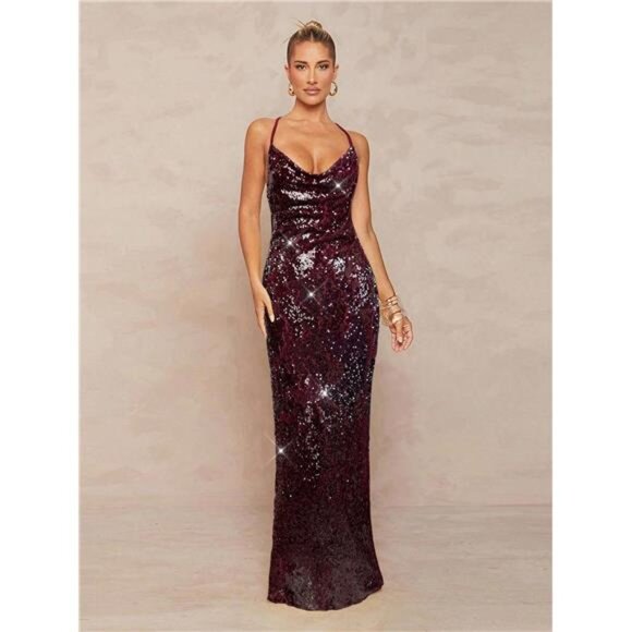 NEW - Elegant Sequin Embellished Deep Draped Neck Backless Metal Chain Decorated - Picture 1 of 6